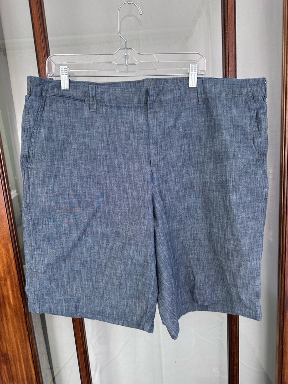 Lands End Chambray Shorts Blue 100% Cotton 11”Inseam Trouser Pockets Women's 20W